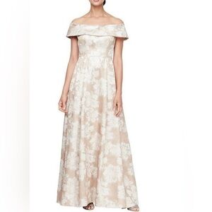 Alex Evenings Metalic Off shoulder Jacquard Gown NWT
